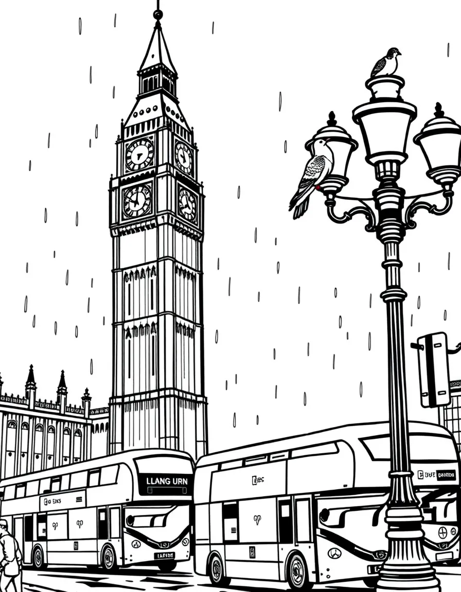 Big Ben clock tower in London with double-decker buses on the street below, umbrellas in the rain, and pigeons perched on nearby lamp posts