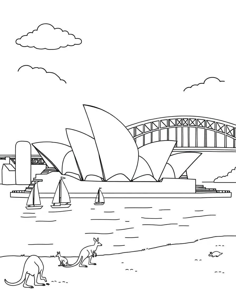 The Sydney Opera House with sailboats in the harbor, kangaroos hopping on the nearby shore, and the Sydney Harbour Bridge in the background