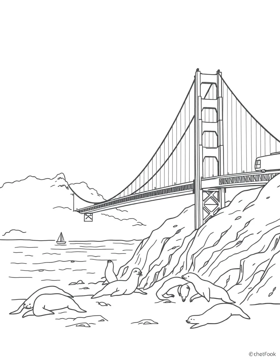 The Golden Gate Bridge in San Francisco with fog rolling underneath, sea lions on nearby rocks, and cable cars climbing the hills in the distance