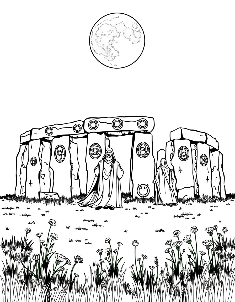 Stonehenge with druids in robes, mystical Celtic symbols, a full moon overhead, and wildflowers growing between the ancient stones