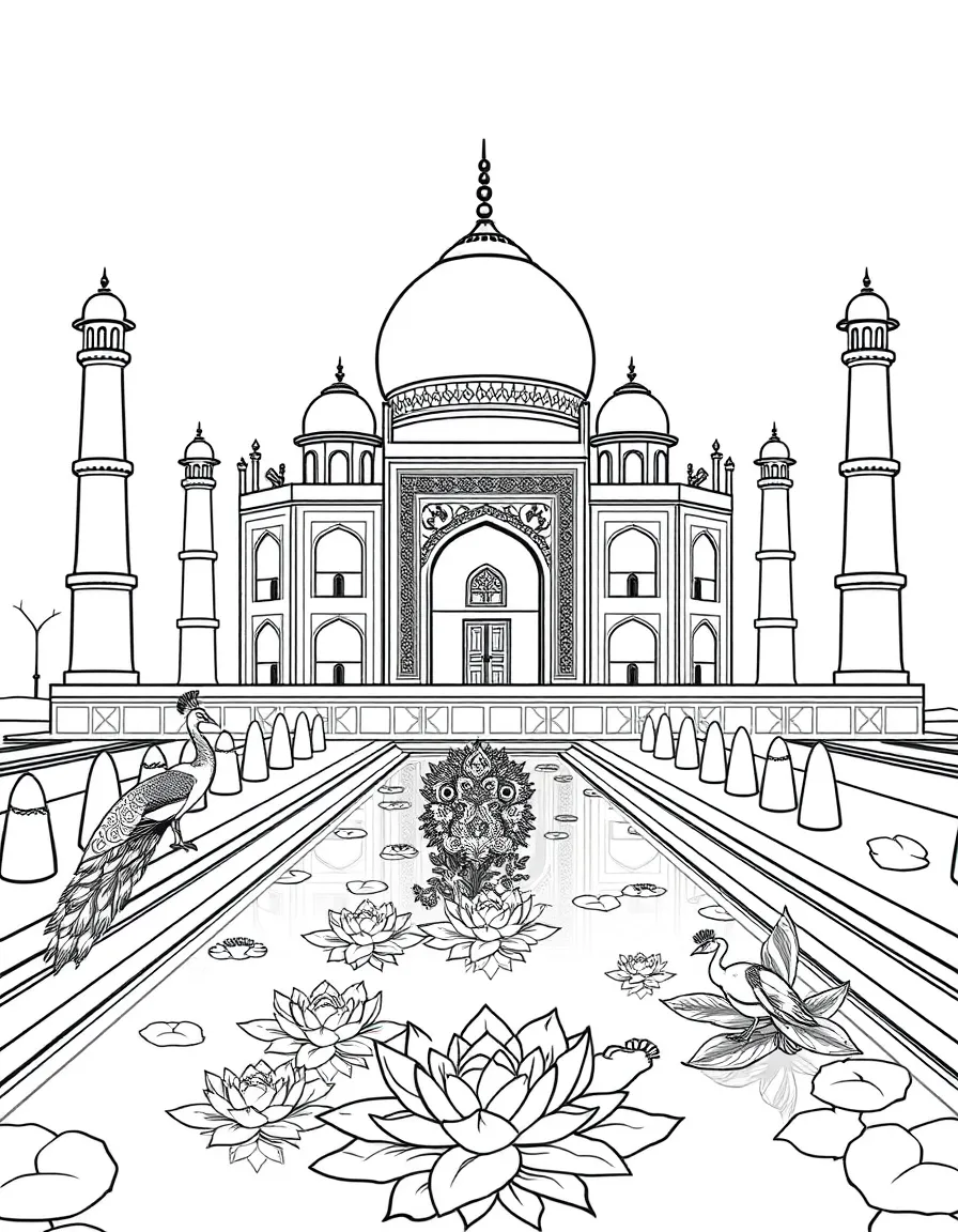 The Taj Mahal with peacocks displaying their feathers, lotus flowers in reflecting pools, and ornate Islamic patterns decorating the walls