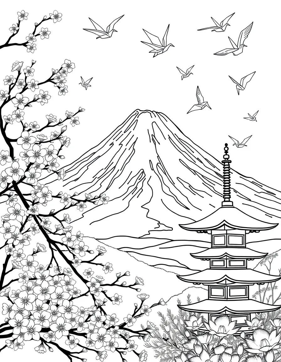 Mount Fuji in Japan with cherry blossom branches in the foreground, a traditional pagoda nearby, and origami cranes flying through the sky