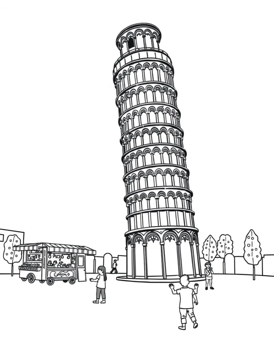 The Leaning Tower of Pisa with Italian gelato carts below, children trying to "hold up" the tower with their hands, and pizza slice decorations