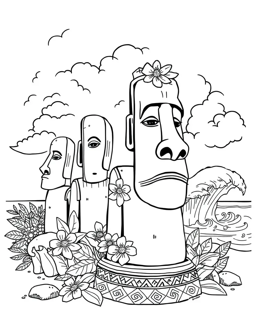Easter Island statues (Moai) with tropical flowers, ocean waves crashing nearby, and Polynesian tribal patterns decorating the base