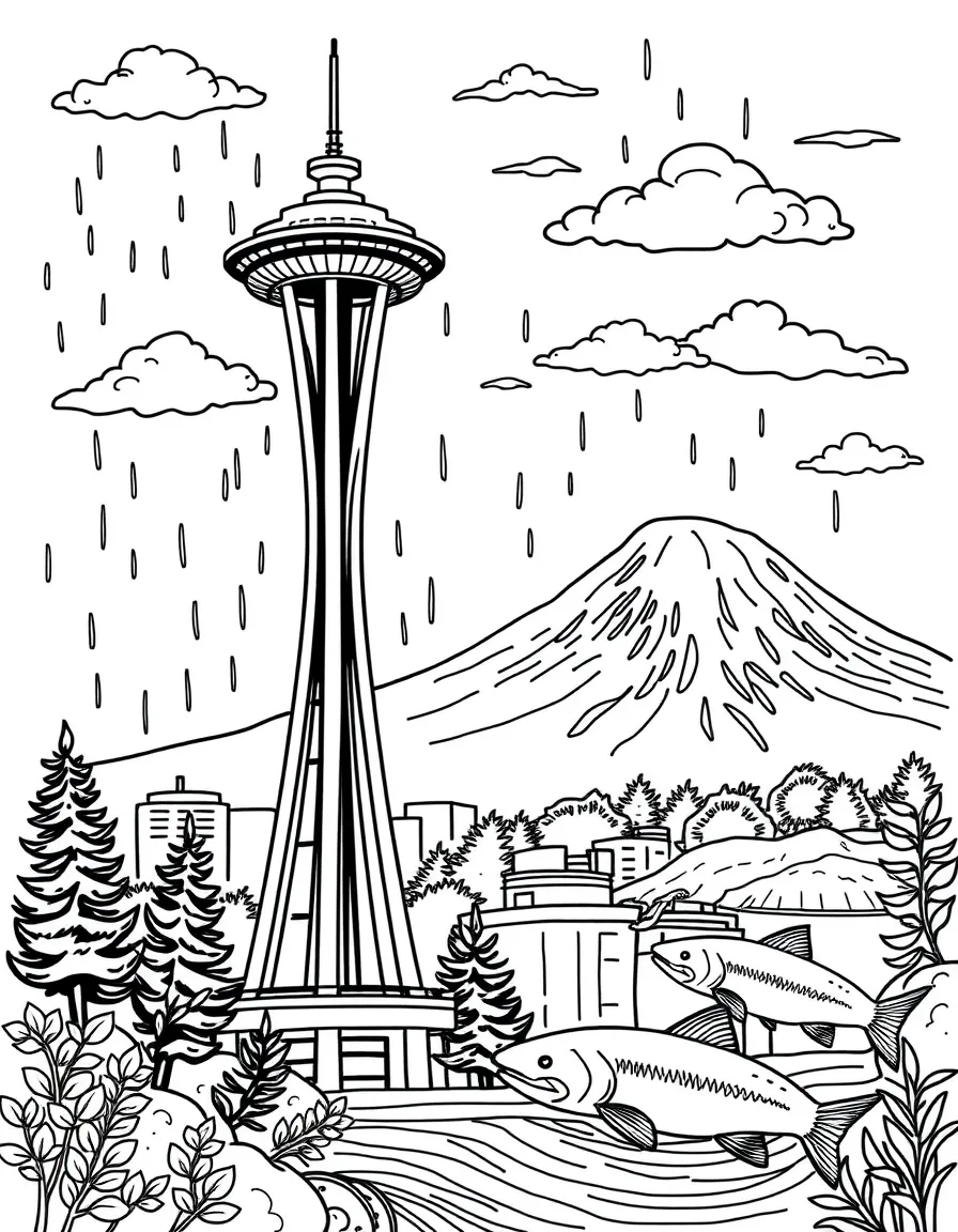 The Space Needle in Seattle with coffee cups and rain clouds, Mount Rainier in the background, and salmon jumping in nearby waters