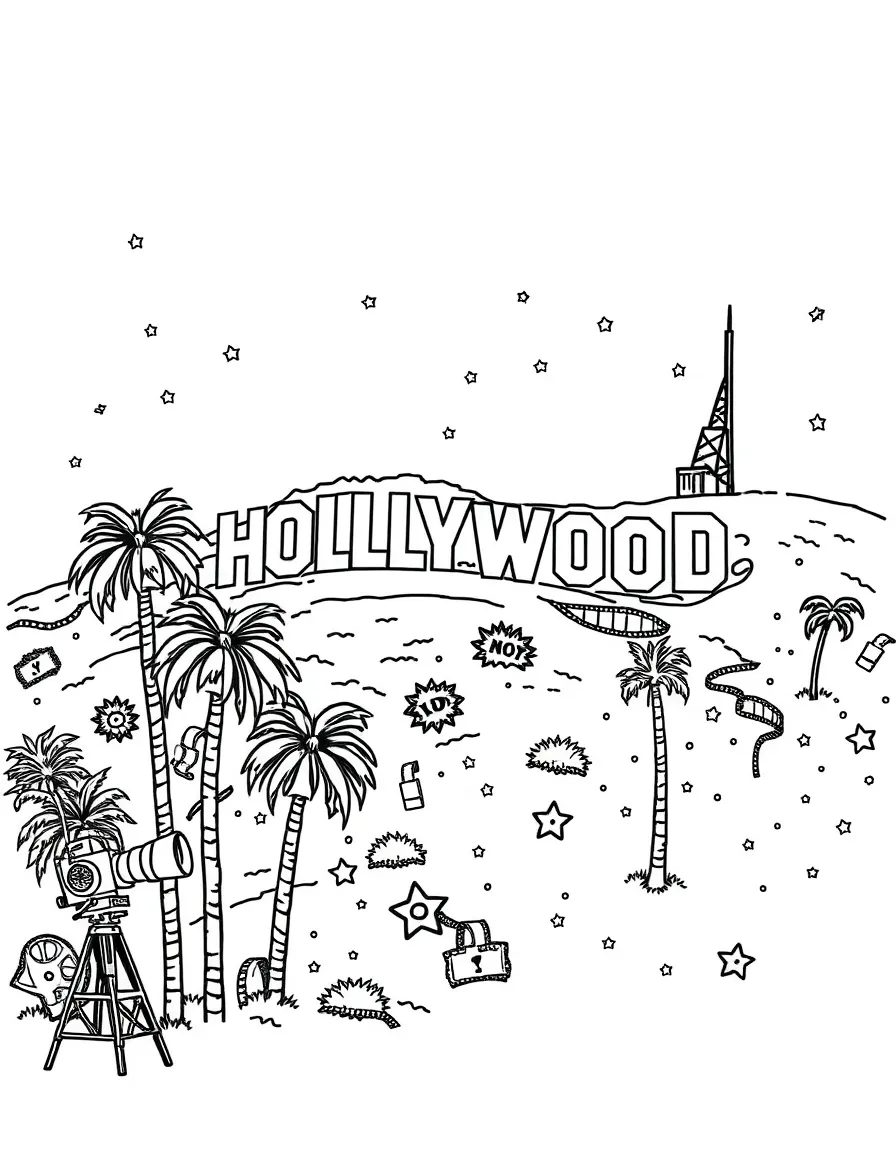 The Hollywood Sign in Los Angeles with palm trees, movie cameras, film reels, and stars scattered throughout the hillside scene