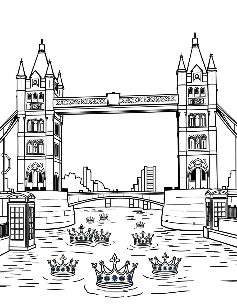 The London Bridge with the River Thames below, royal crowns floating in the water, and British telephone booths on the riverbank