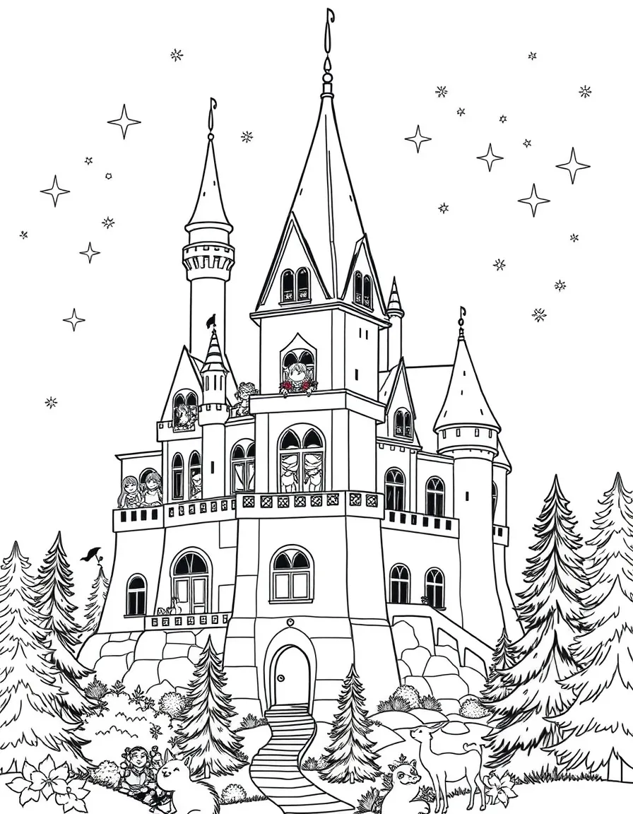 Neuschwanstein Castle in Germany with fairy tale characters peeking from windows, enchanted forest animals, and magical sparkles in the air