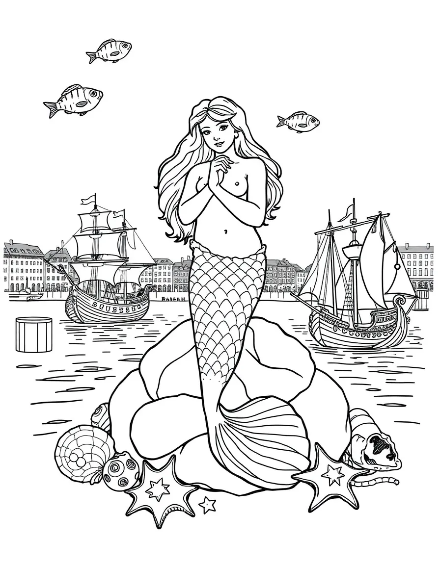 The Little Mermaid statue in Copenhagen with fish swimming around, seashells, starfish, and Danish Viking ships in the harbor