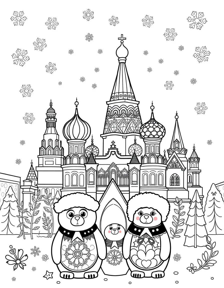 Red Square in Moscow with Russian nesting dolls (matryoshka), snowflakes, traditional Russian architecture, and bears wearing fur hats