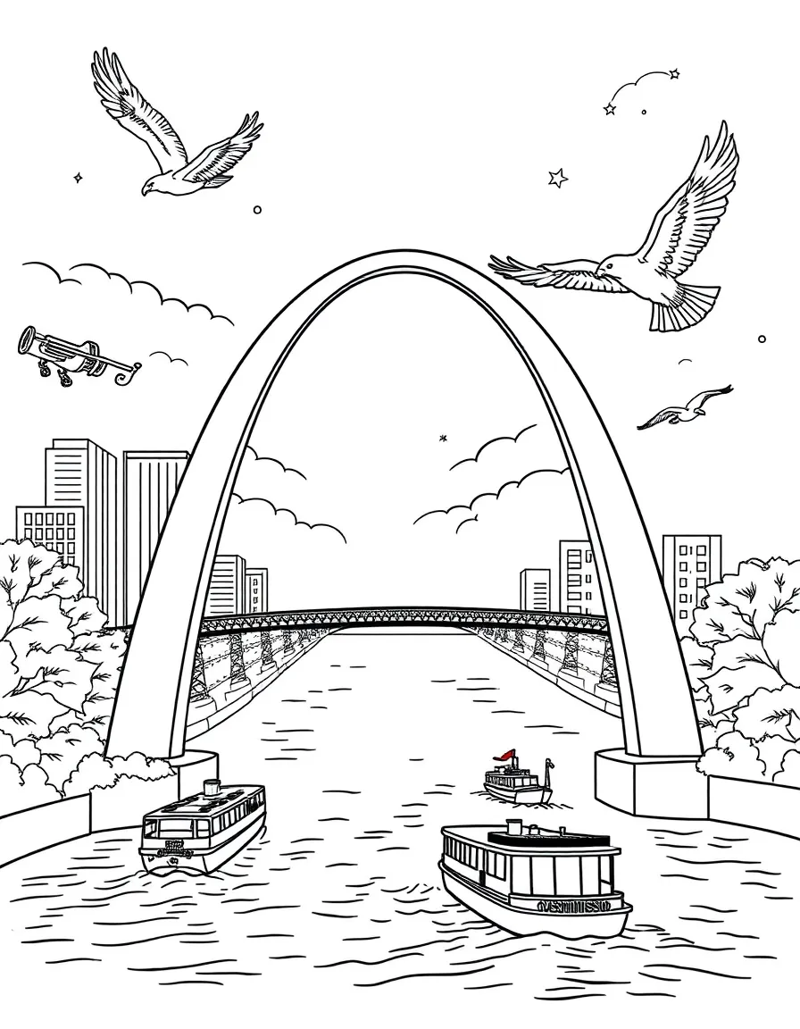 The Gateway Arch in St. Louis with riverboats on the Mississippi River, jazz instruments floating in the air, and American eagles flying