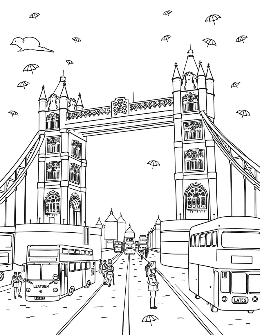 The Tower Bridge in London opening up for ships, with British guards in tall hats, double-decker buses, and umbrellas scattered about