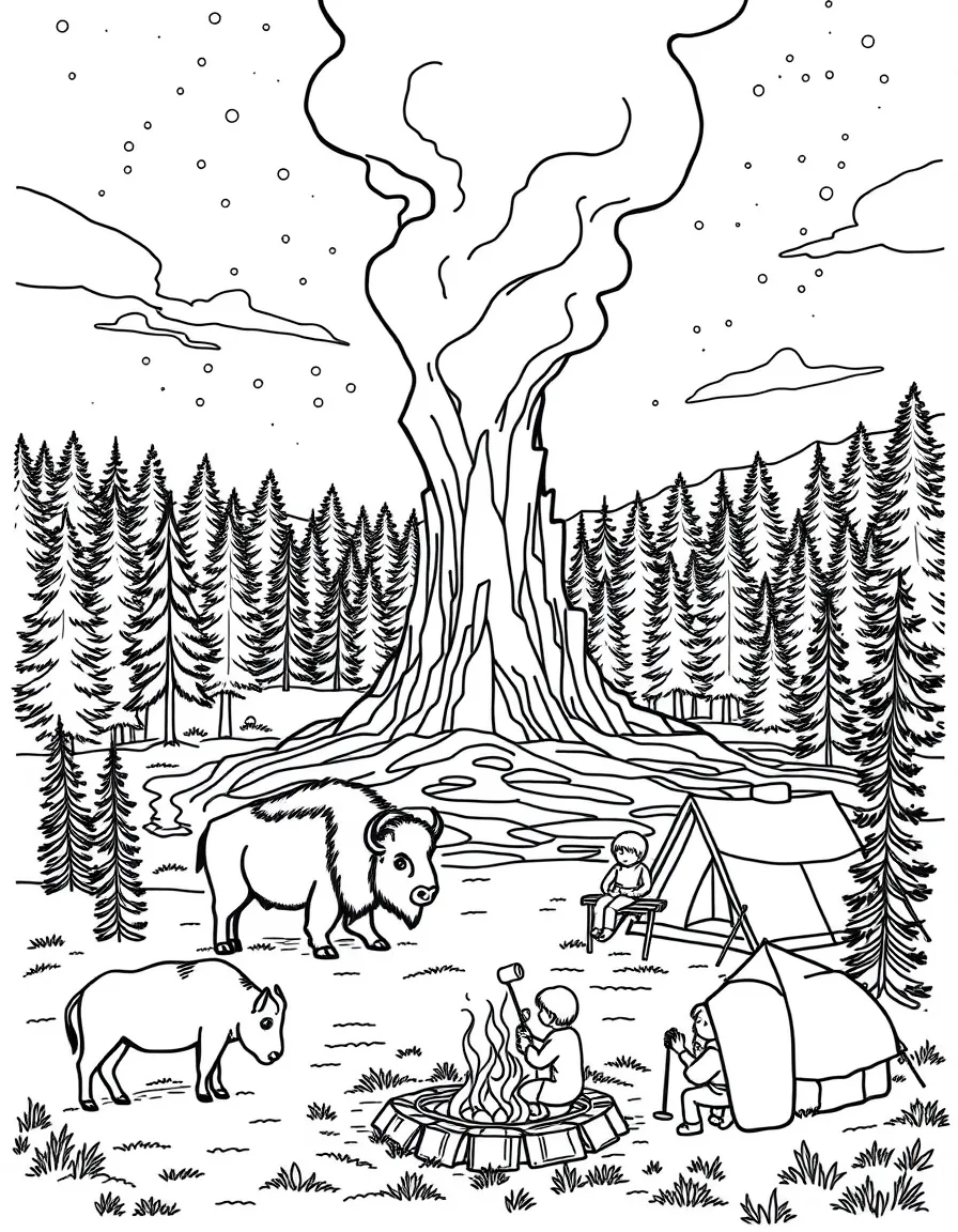 Yellowstone National Park's Old Faithful geyser with bison grazing nearby, pine trees, camping tents, and families roasting marshmallows
