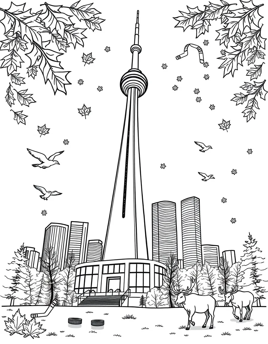 The CN Tower in Toronto with maple leaves falling around it, hockey sticks and pucks, Canadian geese flying, and moose in the distance
