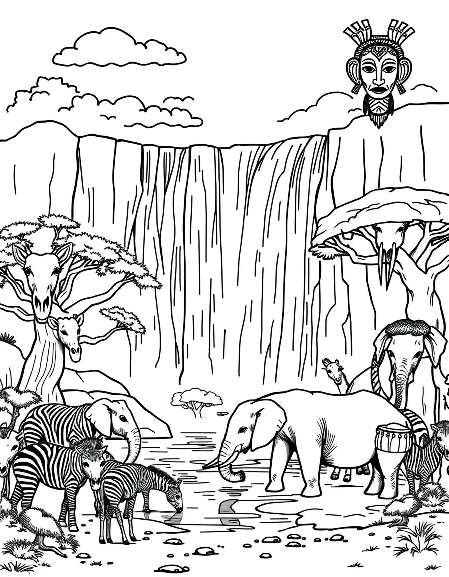 Victoria Falls with African elephants drinking water, zebras and giraffes nearby, baobab trees, and traditional African masks and drums