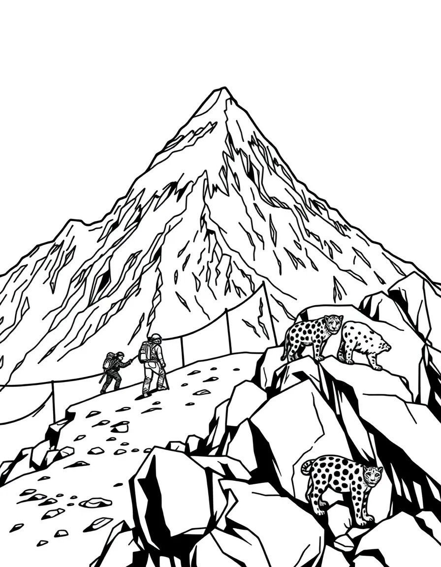 Mount Everest with mountain climbers, prayer flags fluttering, yaks carrying supplies, and snow leopards hiding among the rocks