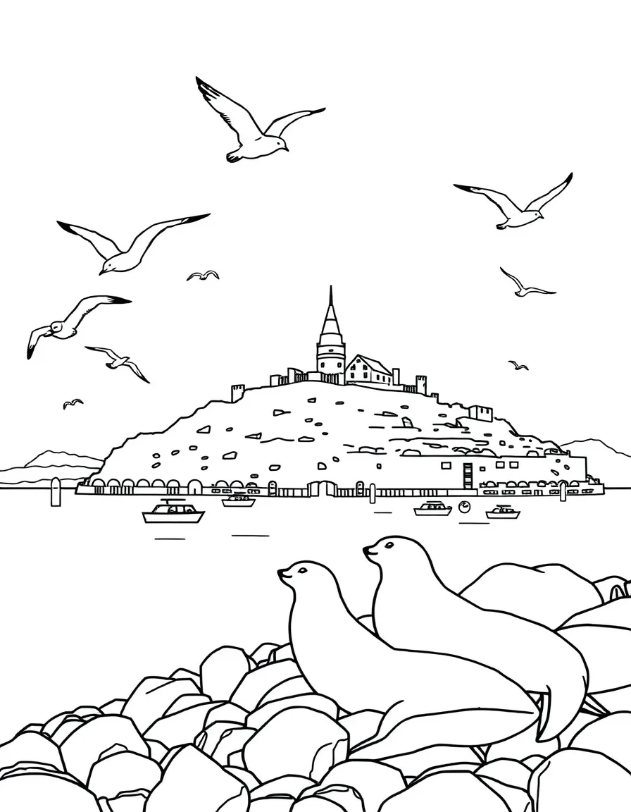 Alcatraz Island with seagulls, old prison bars, boats in San Francisco Bay, and sea lions lounging on the rocky shores