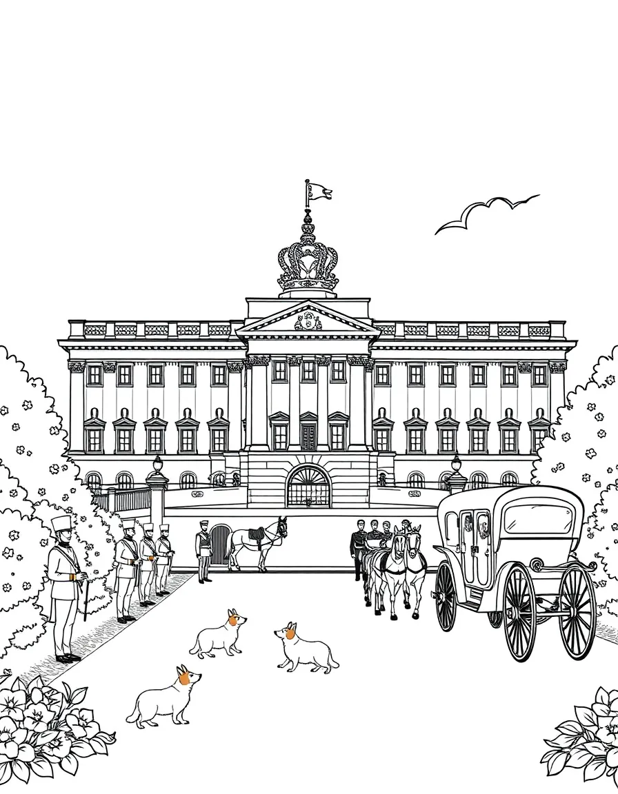 Buckingham Palace with royal guards, crown jewels, corgis playing in the garden, and horse-drawn carriages on the palace grounds