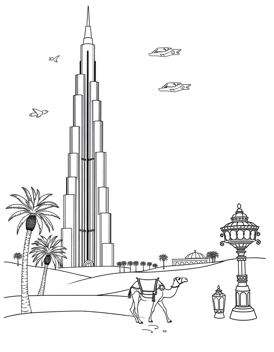 The Burj Khalifa in Dubai with flying carpets, camels walking in the desert, palm trees, and traditional Middle Eastern lamps