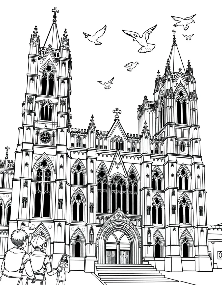 Westminster Abbey with choir boys singing, church bells, doves flying from the bell tower, and medieval knights' armor decorations