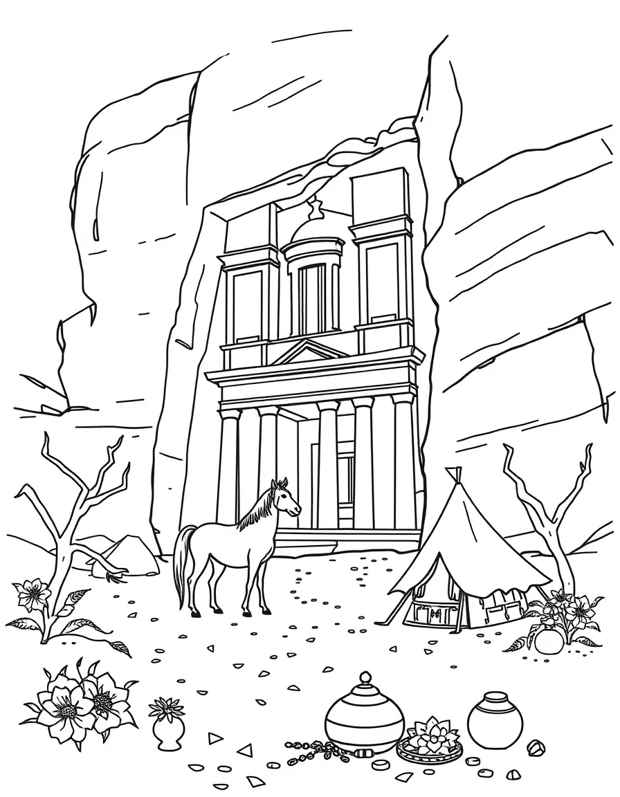 Petra's Treasury building carved in rock with Arabian horses, desert roses, Bedouin tents, and ancient pottery scattered around