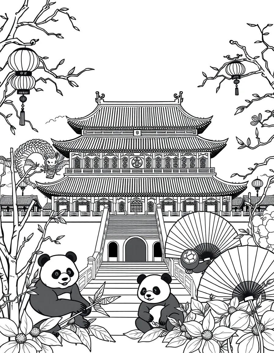 The Forbidden City in Beijing with Chinese dragons, paper lanterns hanging, pandas eating bamboo, and traditional Chinese fans