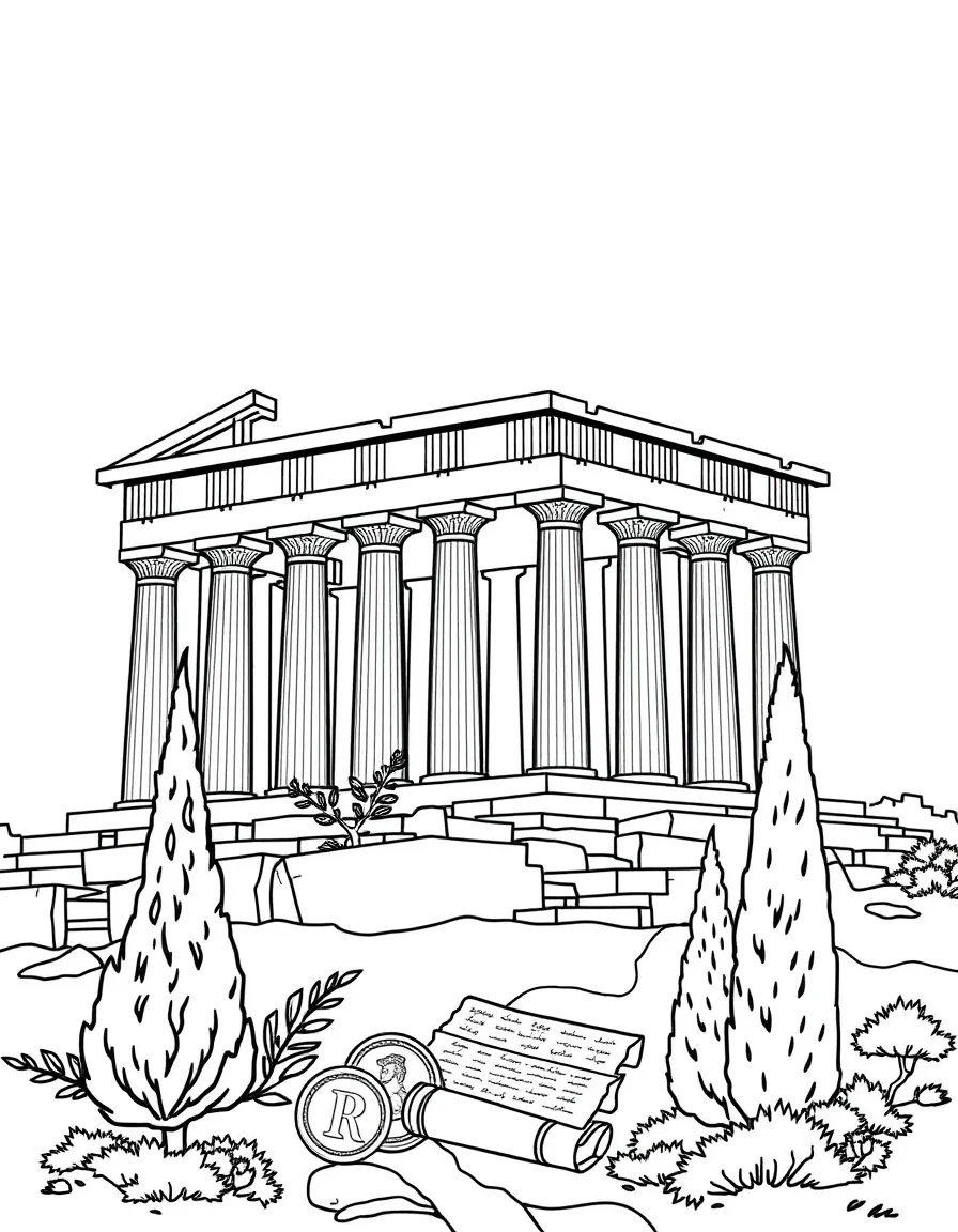 The Acropolis with Greek columns, olive wreaths, ancient Greek coins, philosopher scrolls, and Mediterranean cypress trees