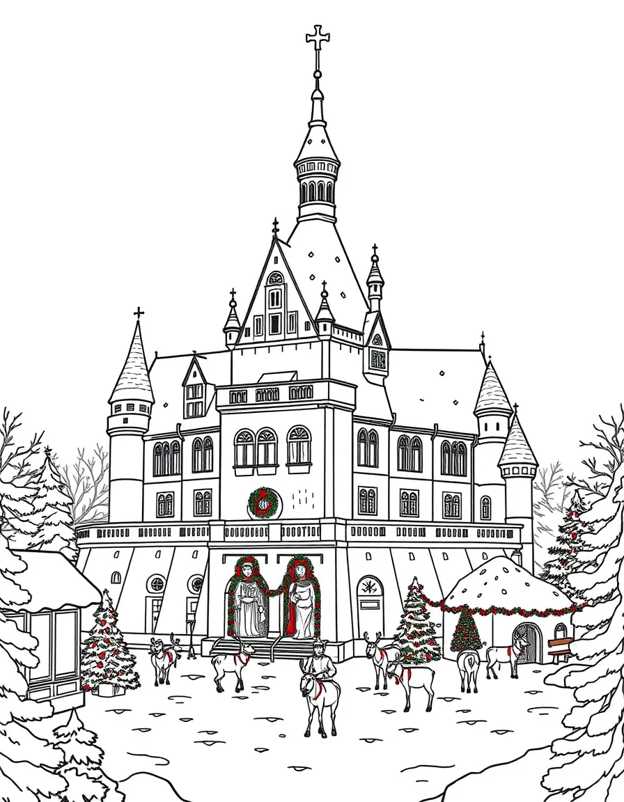Neuschwanstein Castle in winter with snow-covered turrets, ice skating scenes, Christmas decorations, and reindeer in the courtyard