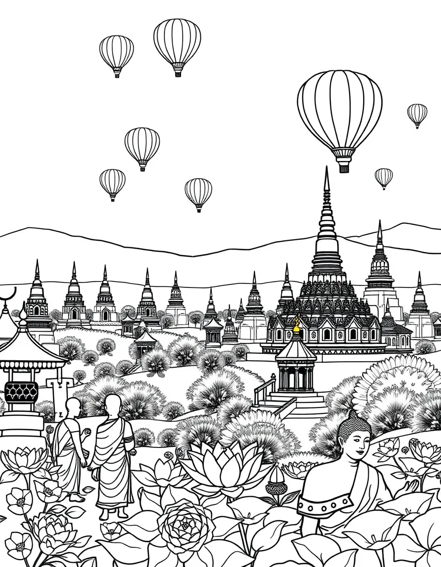 Bagan temples in Myanmar with Buddhist monks, lotus flowers, prayer wheels, golden Buddhas, and hot air balloons floating overhead