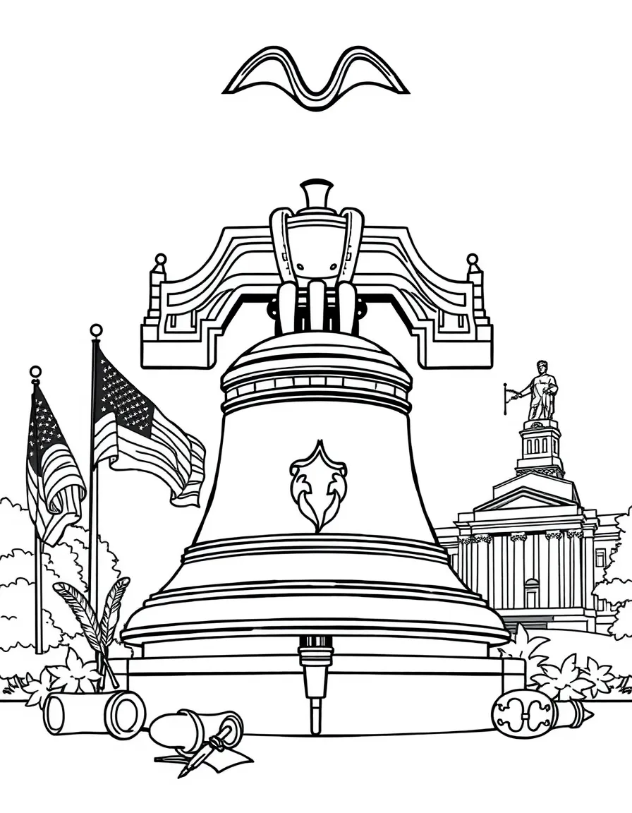 The Liberty Bell in Philadelphia with American flags, colonial tricorn hats, quill pens, parchment scrolls, and Independence Hall nearby