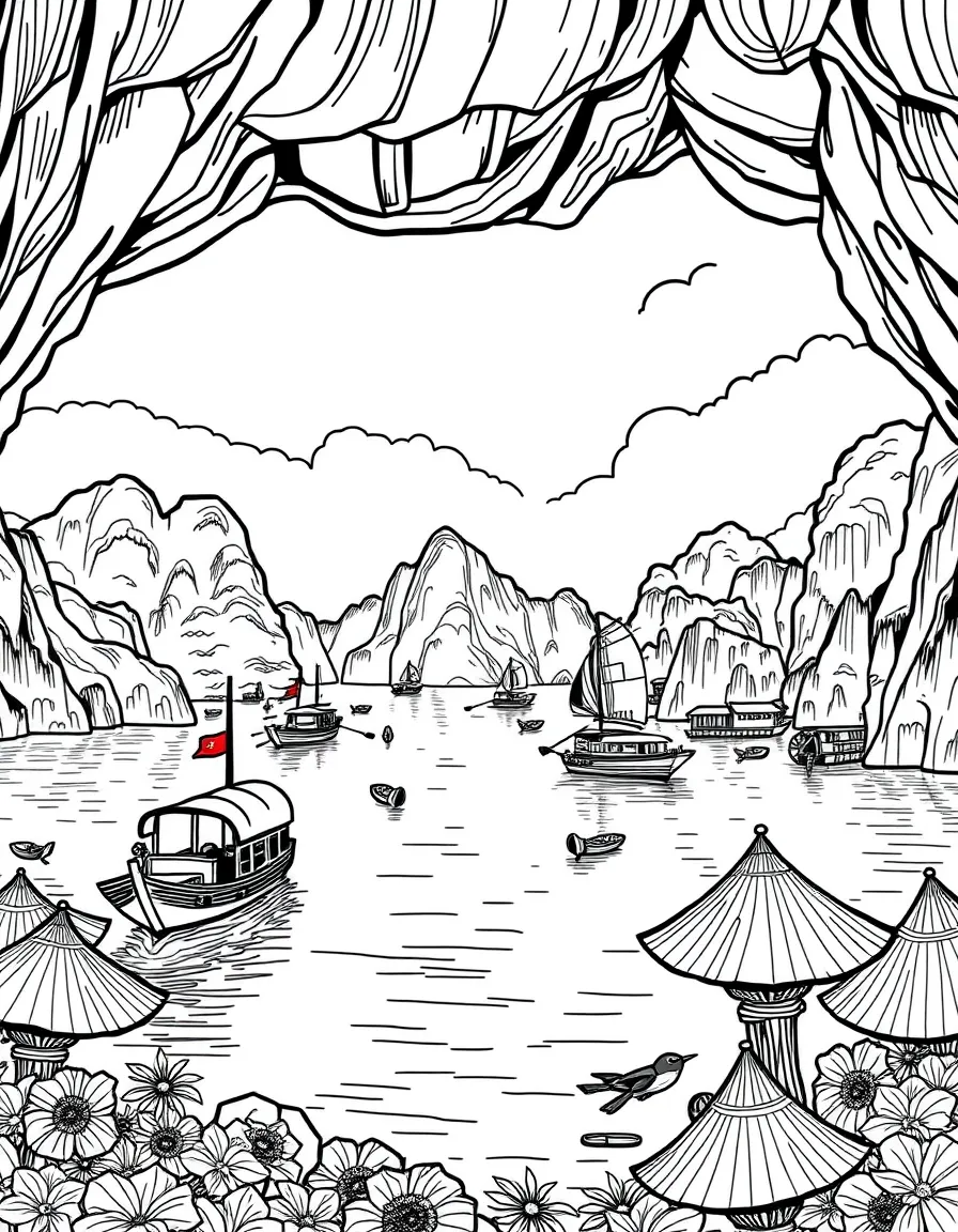 Ha Long Bay in Vietnam with traditional junk boats, floating fishing villages, limestone caves, and Vietnamese conical hats