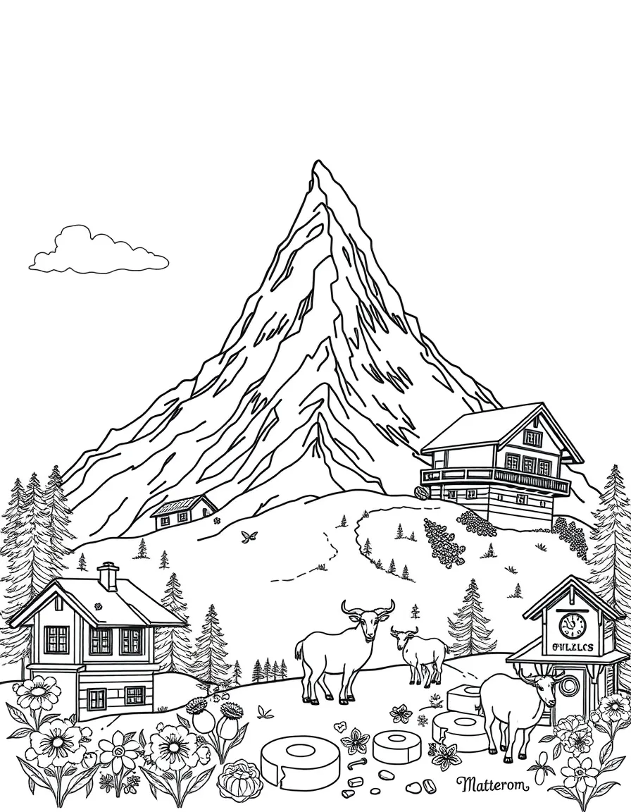 The Matterhorn mountain with Swiss chalets, cuckoo clocks, alpine flowers, mountain goats, and cheese wheels scattered around