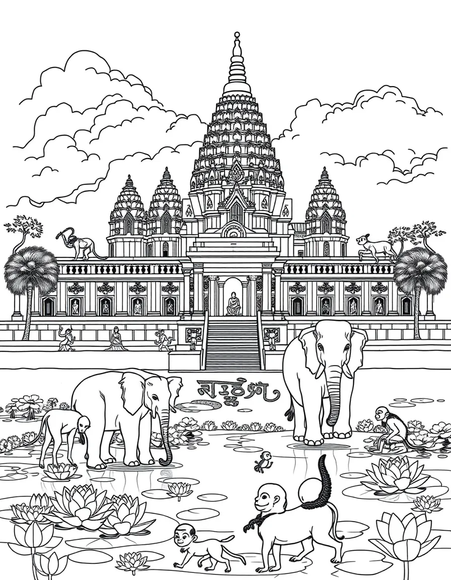 Angkor Wat temple with Cambodian dancers, temple elephants, lotus ponds, ancient Khmer scripts, and monkey families playing