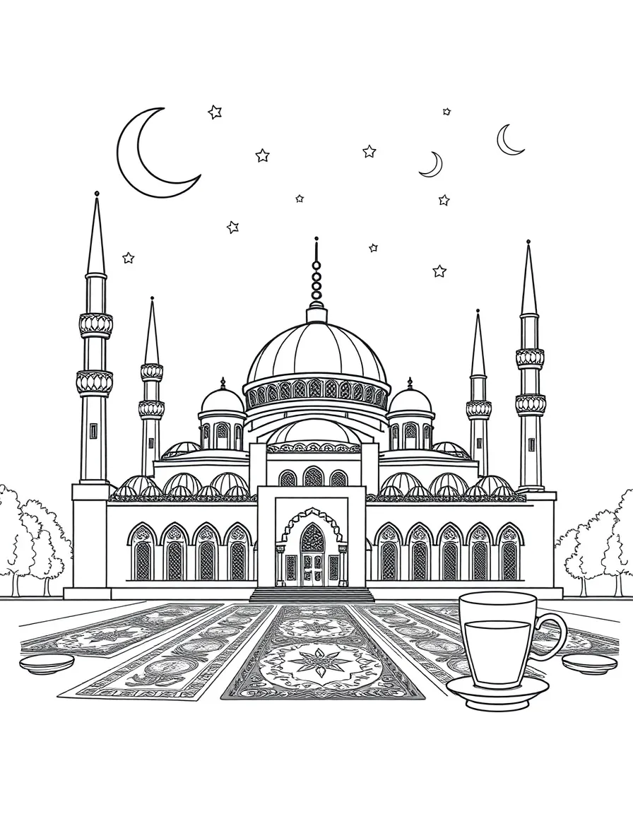 The Blue Mosque in Istanbul with Turkish carpets, minarets reaching to the sky, crescent moons and stars, and Turkish tea glasses
