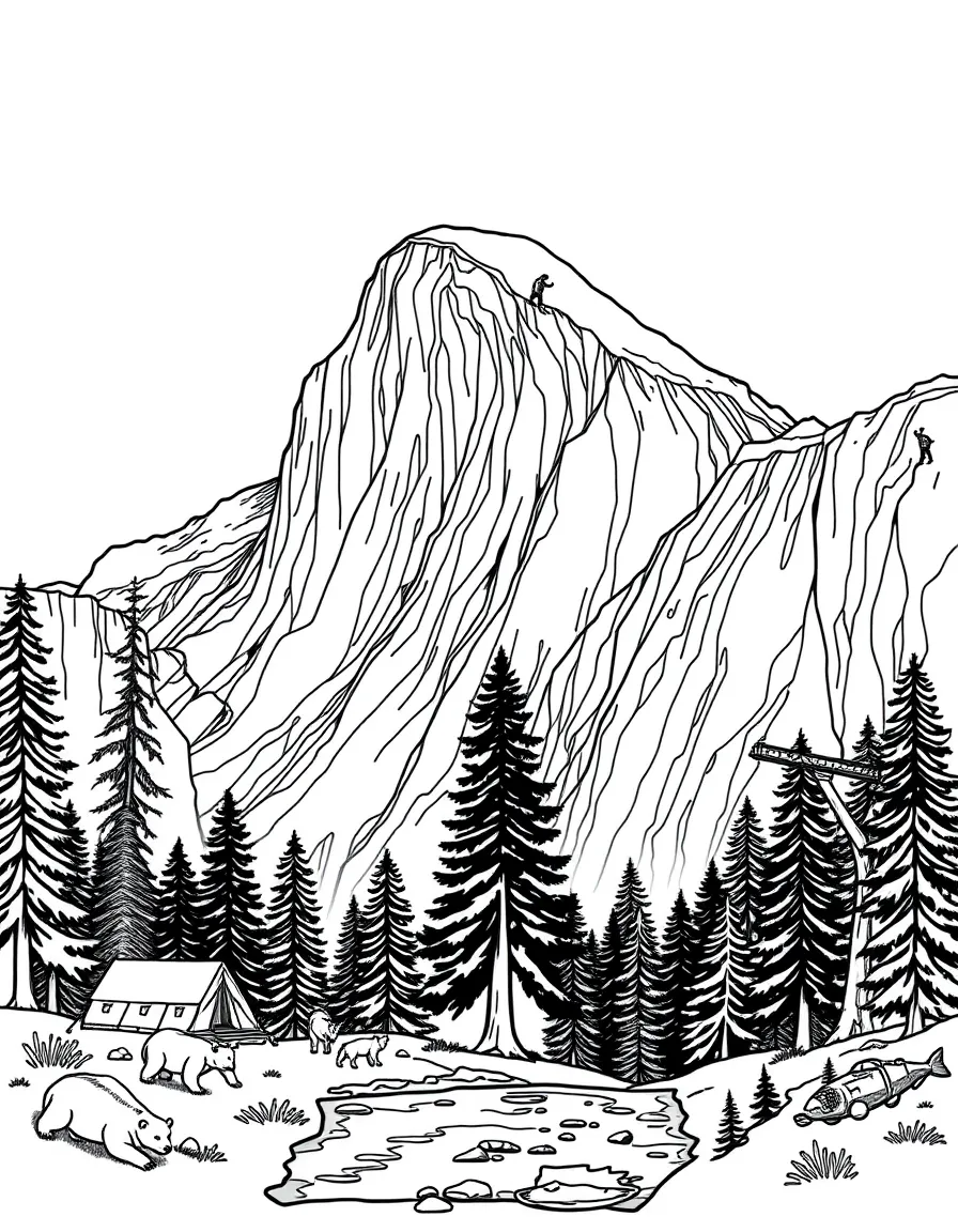 Yosemite's Half Dome with camping scenes, bears fishing for salmon, giant sequoia trees, and rock climbers scaling the cliffs