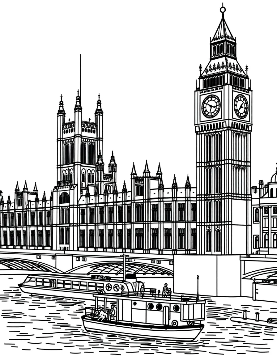 The Palace of Westminster with Big Ben chiming, Thames River boats, British lions, and parliamentary wigs and gavels