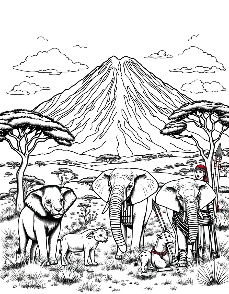 Kilimanjaro with African safari animals like lions and elephants, acacia trees, Maasai warriors with spears, and tribal beadwork