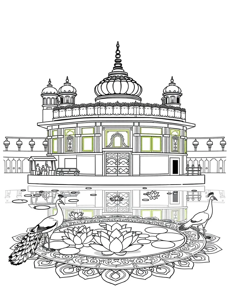 The Golden Temple in Amritsar with Sikh turbans, lotus flowers in sacred pools, peacocks, and traditional Indian rangoli patterns