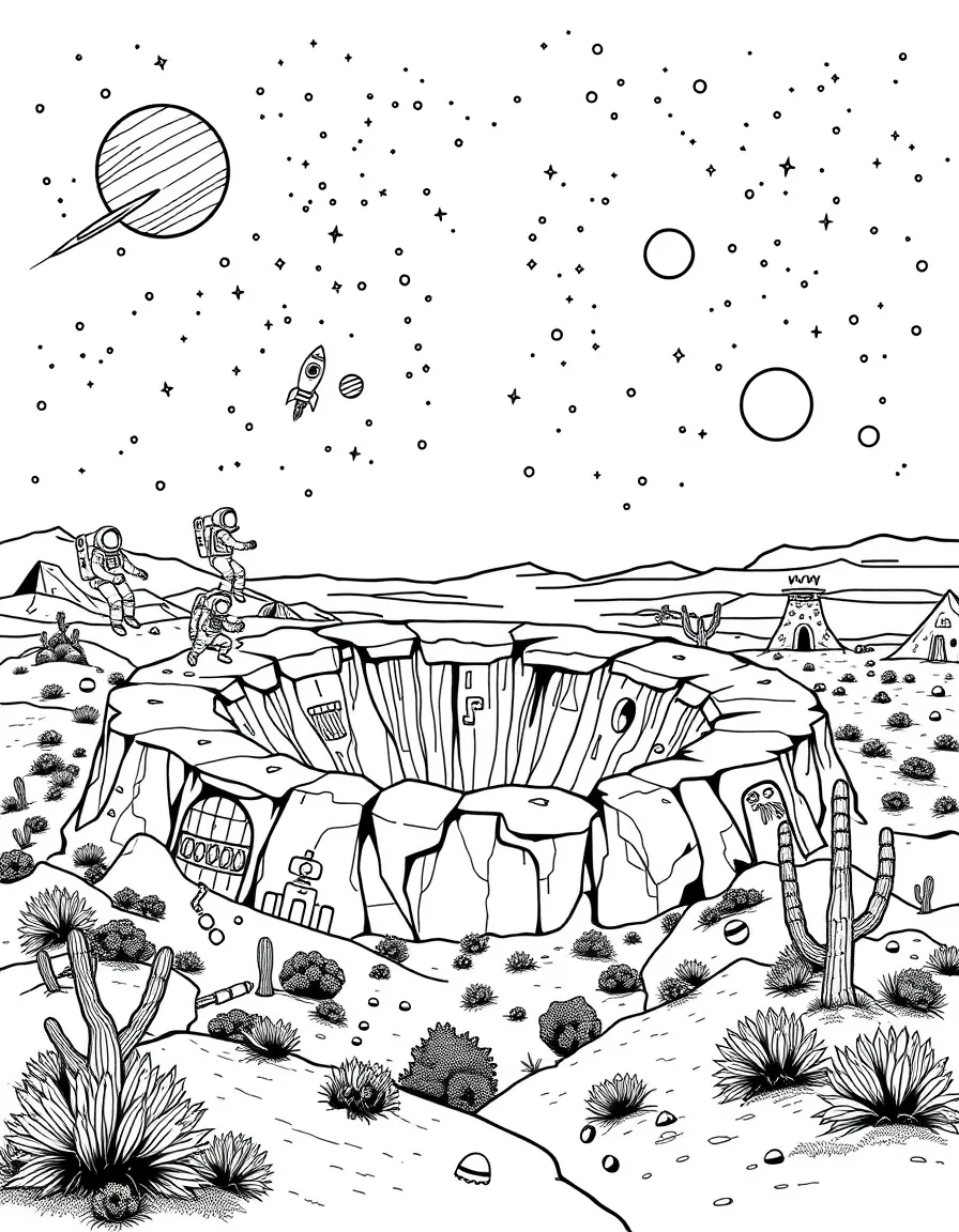 Meteor Crater in Arizona with astronauts, rockets, planets and stars, Native American petroglyphs, and desert landscapes