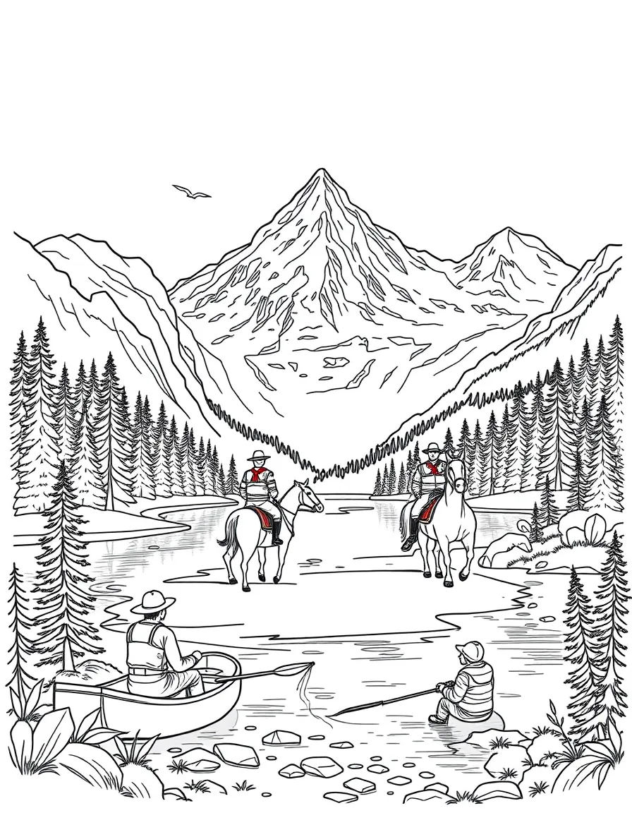Banff National Park with Canadian Mounties on horses, mountain lakes, pine forests, and families canoeing and fishing