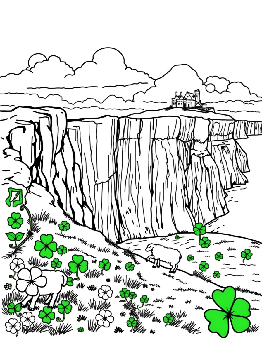 The Cliffs of Moher in Ireland with Celtic harps, four-leaf clovers, leprechaun hats, sheep grazing, and Irish castles on hilltops
