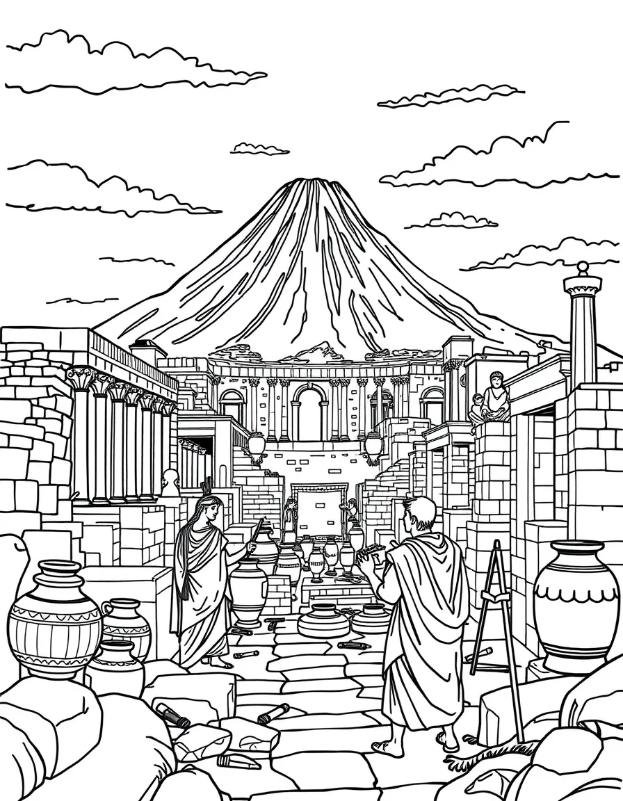 Pompeii ruins with Roman togas, volcanic Mount Vesuvius, ancient mosaics, amphora jars, and archaeologists with brushes and tools