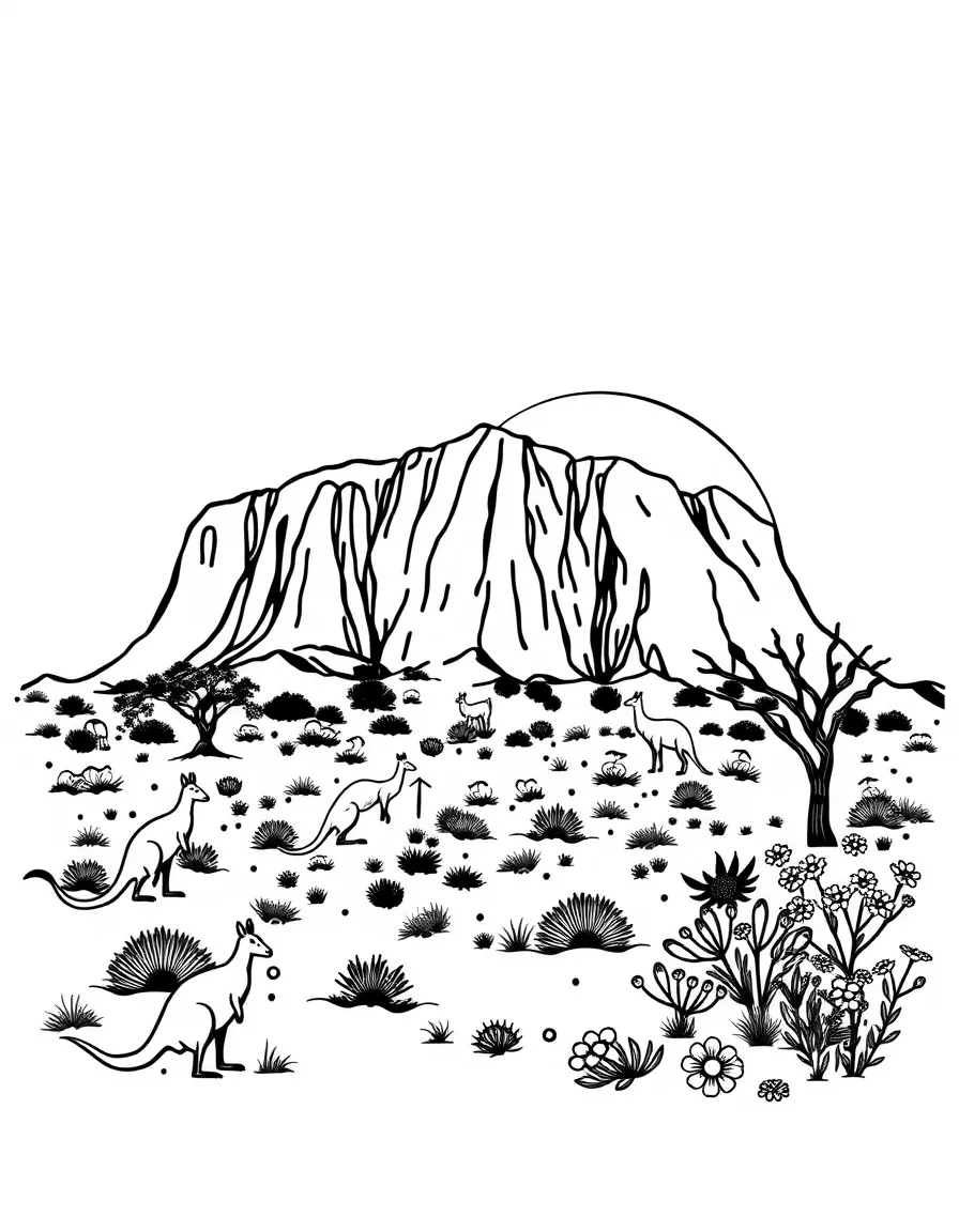 Uluru (Ayers Rock) with Aboriginal dot paintings, kangaroos and emus, didgeridoos, boomerangs, and desert wildflowers at sunset