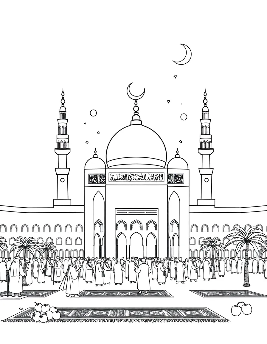 The Great Mosque of Mecca with pilgrims in white robes, crescent moons, Islamic calligraphy, prayer rugs, and dates and palm trees