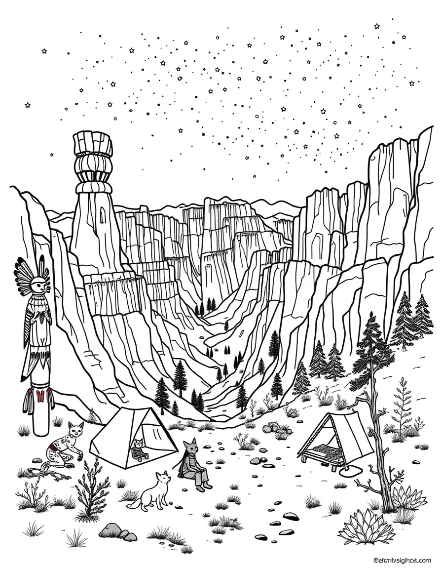 Bryce Canyon with Native American totems, desert foxes, red rock formations, camping families, and stars in the desert night sky
