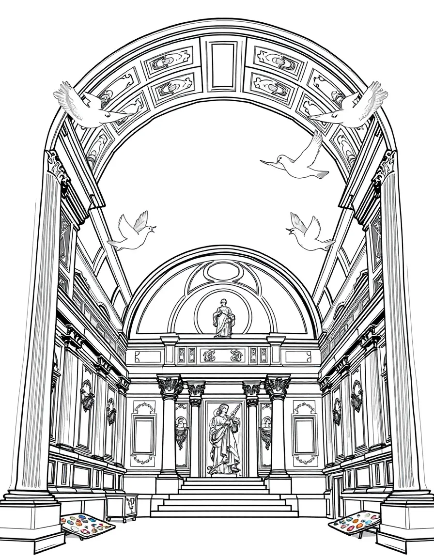 The Sistine Chapel with Renaissance art frames, papal hats, doves representing peace, artistic paint palettes, and Italian architecture