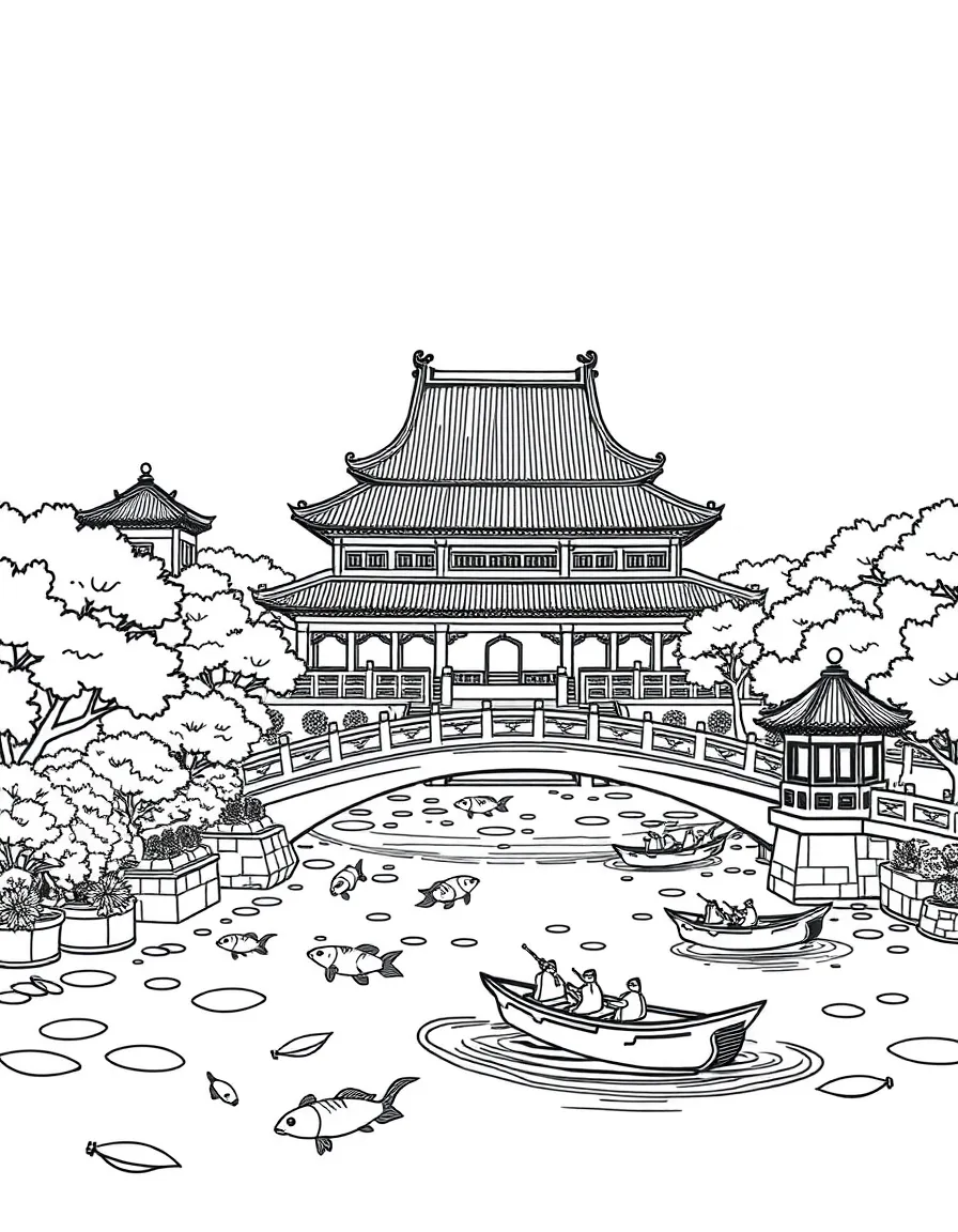 The Summer Palace in Beijing with Chinese gardens, koi fish ponds, traditional bridges, paper umbrellas, and dragon boat races