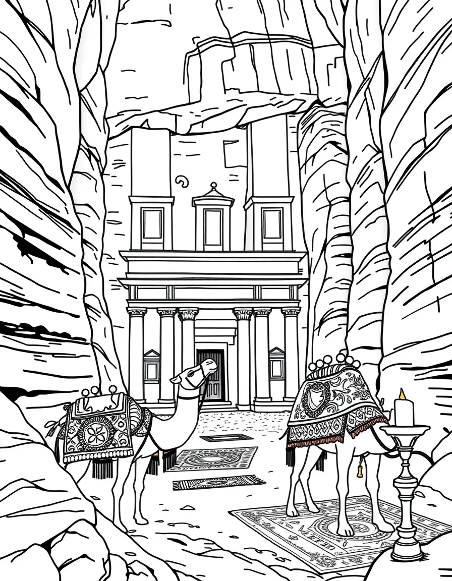The Treasury at Petra lit by candlelight with Arabian nights themes, magic lamps, Persian rugs, camels with ornate saddles