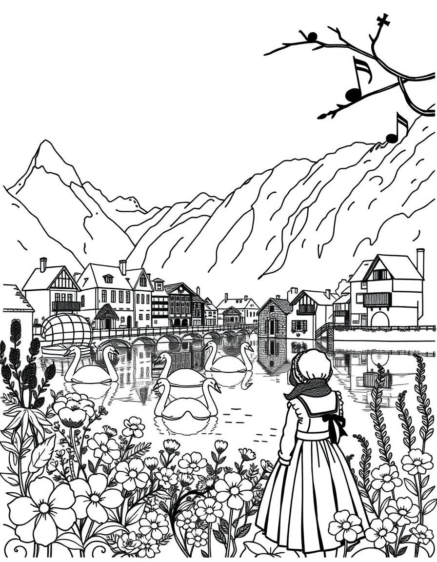 Hallstatt village in Austria with swan boats on the lake, Alpine flowers, dirndl dresses, traditional Austrian music notes