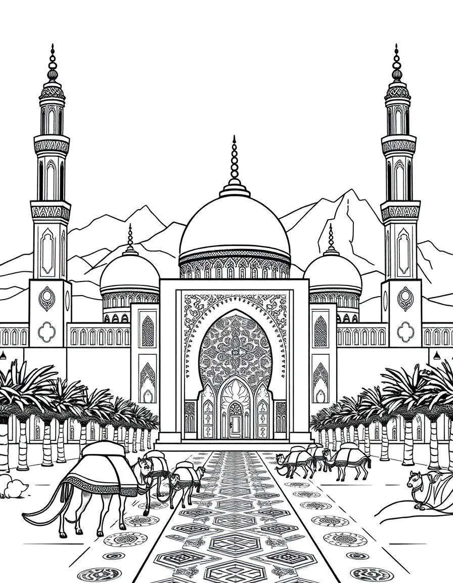 The Hassan II Mosque in Morocco with Moroccan lanterns, desert caravans, ornate tilework patterns, mint tea glasses, and atlas mountains